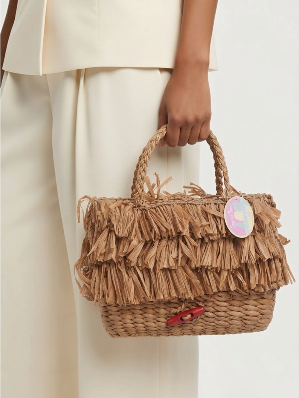 Woven Raffia Fringe Tote Bag in Natural Brown
